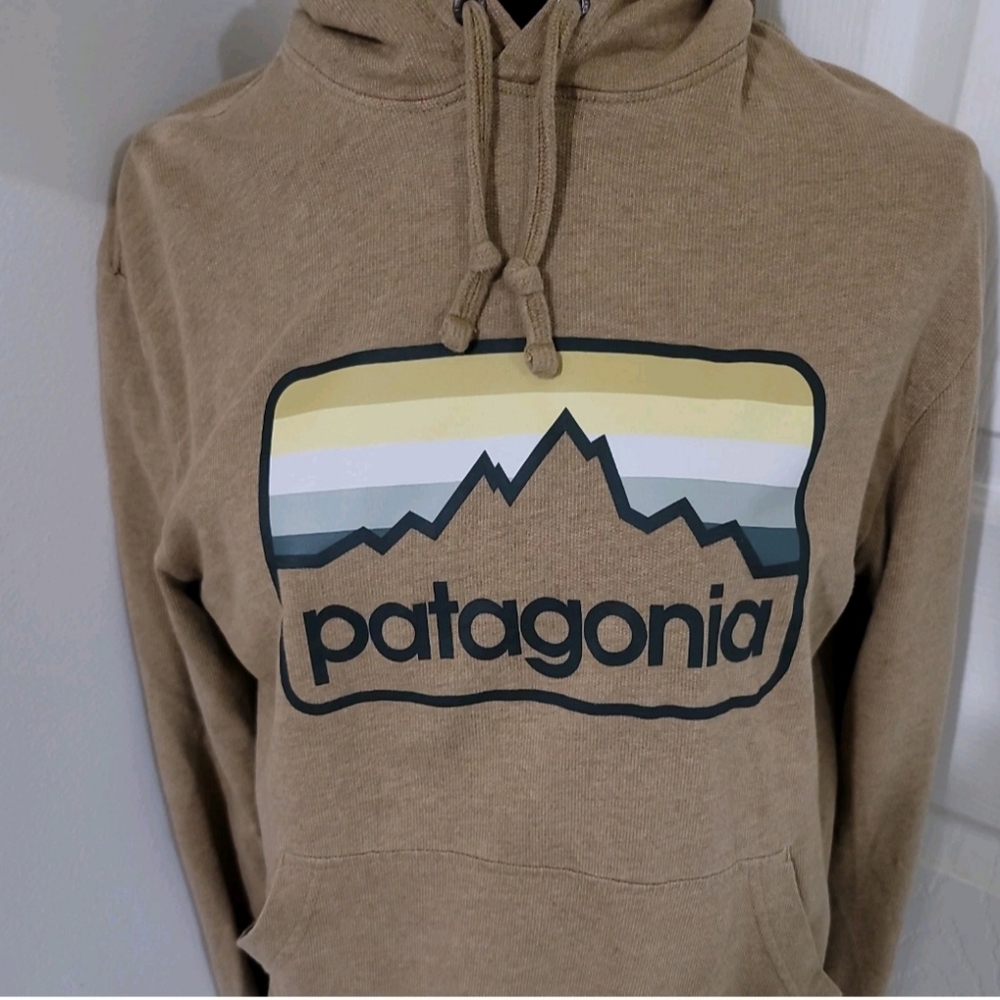 Patagonia Men's Heathered Tan Mountain Logo Organic Cotton Hoodie Size XS Unisex - Picture 2 of 6